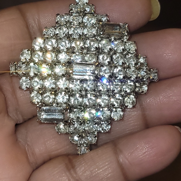 ANTIQUE Art Deco Rhinestones Brooch Large Baguettes Round Brilliant Glass Facete - Picture 2 of 4